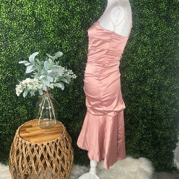 Lulus NWOT Perfect Occasion Dusty Rose Satin Ruched Tulip Midi Dress - Picture 13 of 16